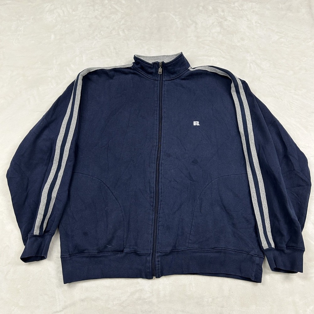90s Russell Athletic Track Jacket Mens XL Navy Blue Side Stripe Full Zip Fleece